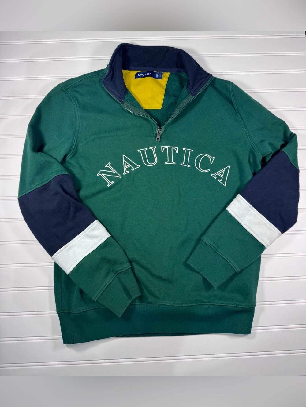Nautica Green Quarter-Zip Pullover with Navy and White Accents